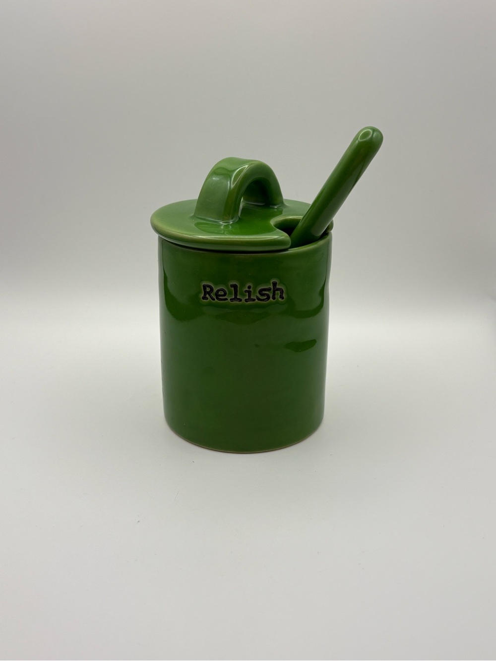 Pottery Barn Green Relish Condiment Jar with Spoon & Lid from BBQ Set